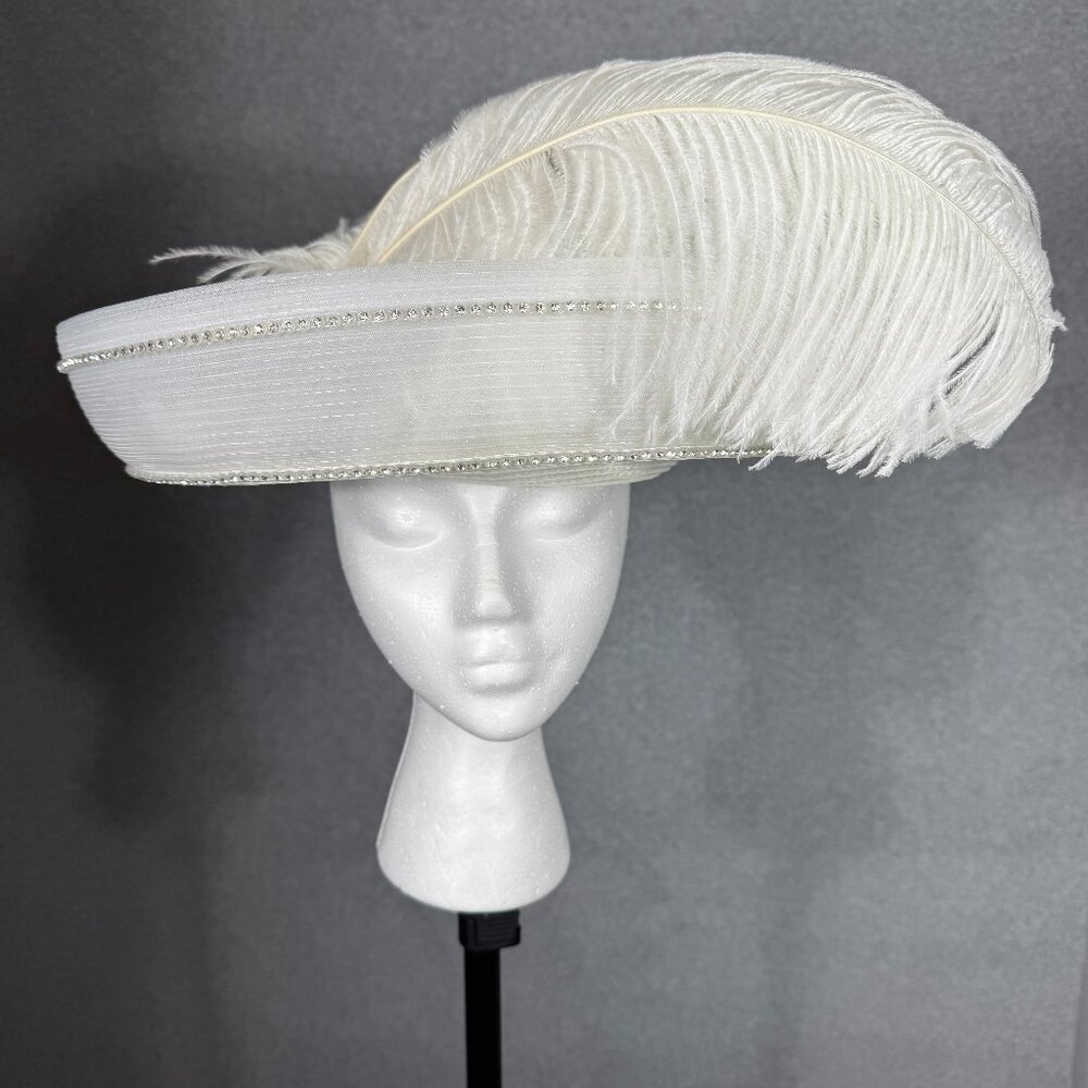 White Hat with white feathers and rhinestone pin. Bellini brand. Very elegant.